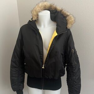 Women's Black Bomber Jacket with Faux Fur Hood